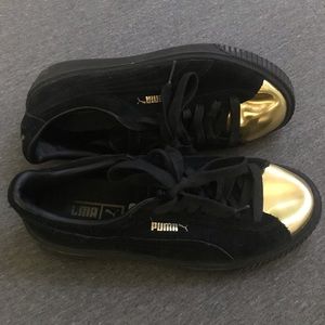 BLACK SUEDE PUMA BASKET GOLD TOE PLATFORM SNEAKER